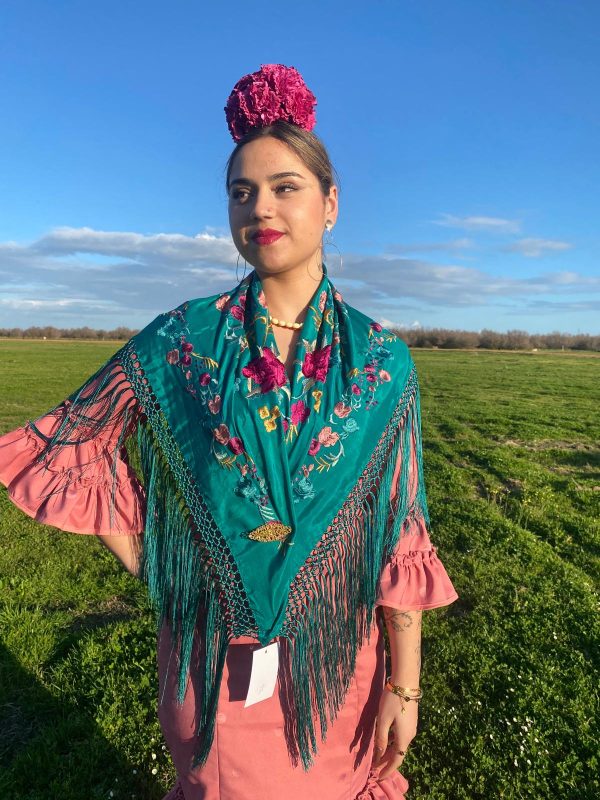 Mantoncillo de flamenca modelo Martina verde petróleo con fucsia - Imagen 3