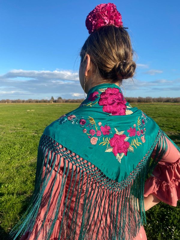 Mantoncillo de flamenca modelo Martina verde petróleo con fucsia - Imagen 2