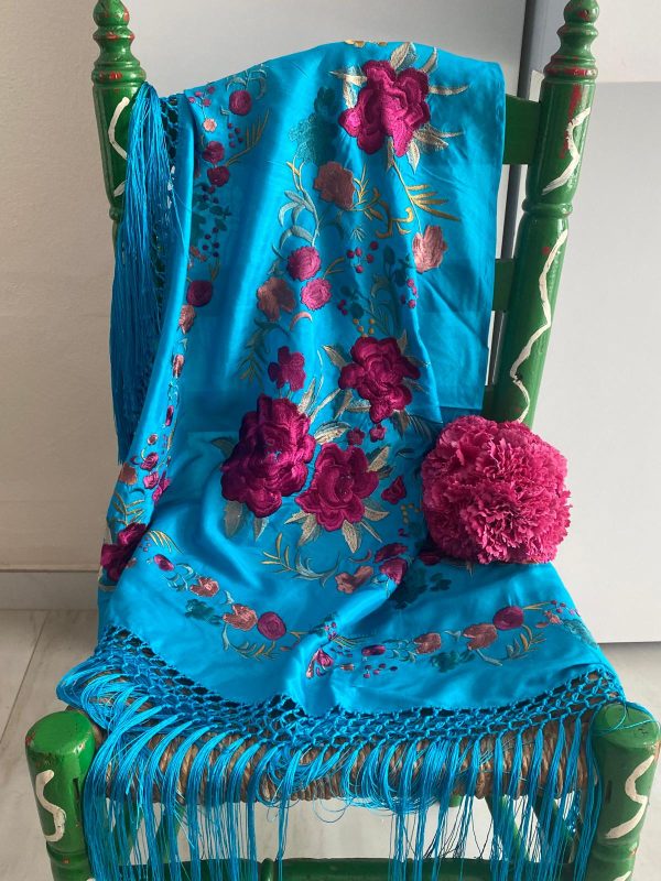 Mantoncillo de flamenca modelo Martina turquesa con fucsia - Imagen 3