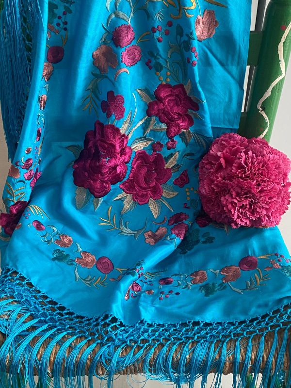 Mantoncillo de flamenca modelo Martina turquesa con fucsia